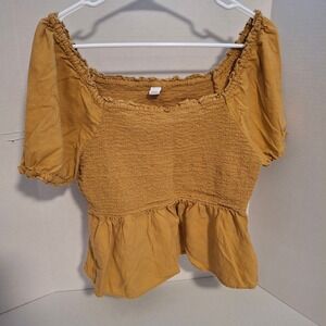 OLD NAVY Womens Yellow Linen Blend Smocked Peplum Top Square Neck Puff Sleeve L